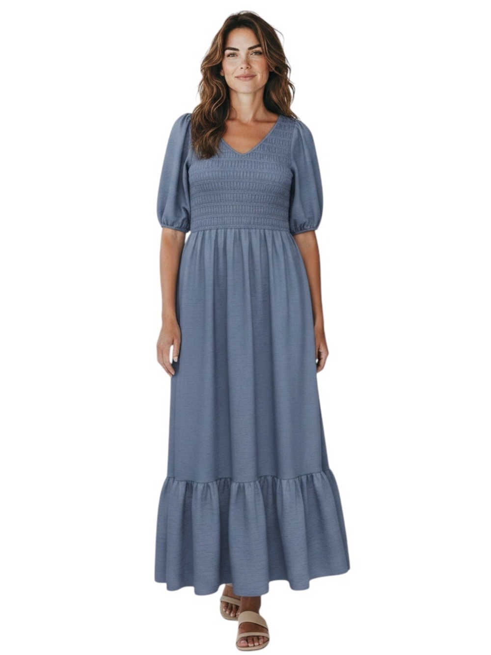 SEA NEW YORK SLATE BLUE SHORT SLEEVED SMOCKED MAXI DRESS - Picture 5 of 5
